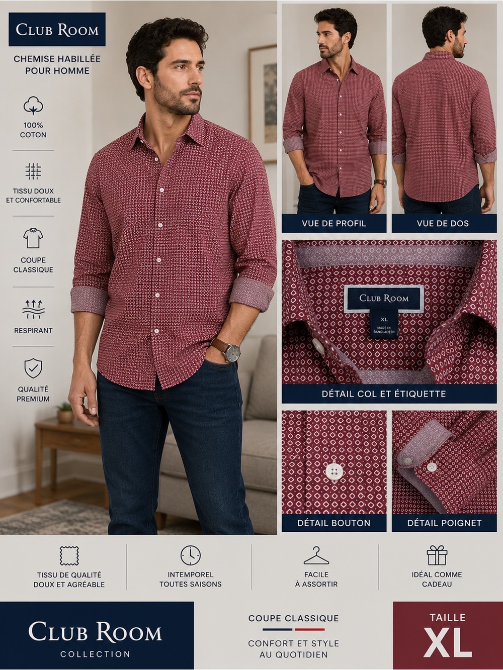 Club Room Men’s Maroon Geometric Button-Down Shirt